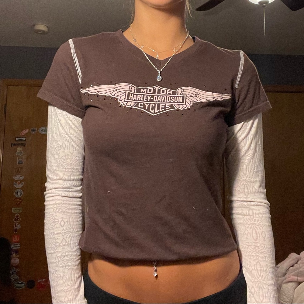 Harley-Davidson Brown and White Long Sleeve Tee